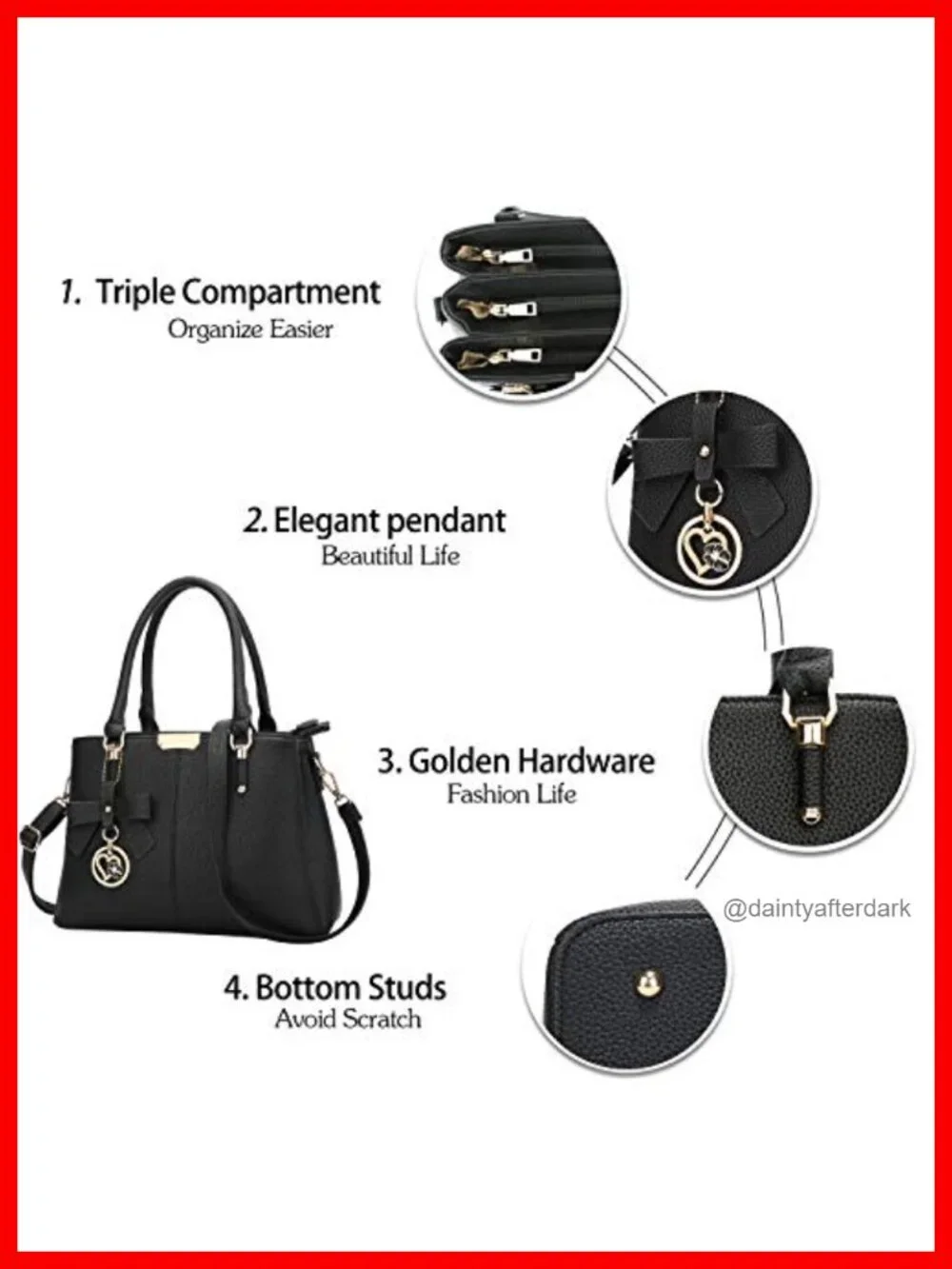 PU Leather Satchel Handbag with 3 Zippered Compartments, Top Handle Purse